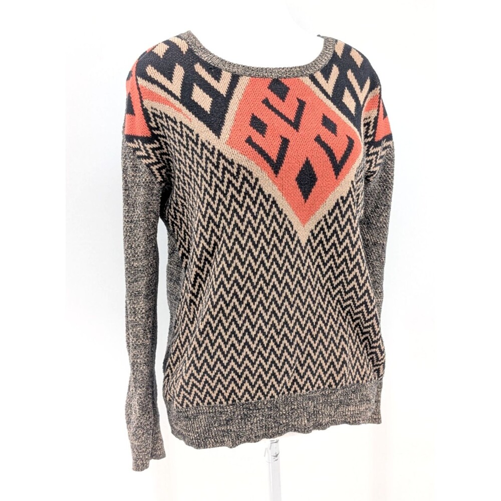 Ecote Tribal Boho Western Brown Orange Chevron Round Neck Sweater Size Medium